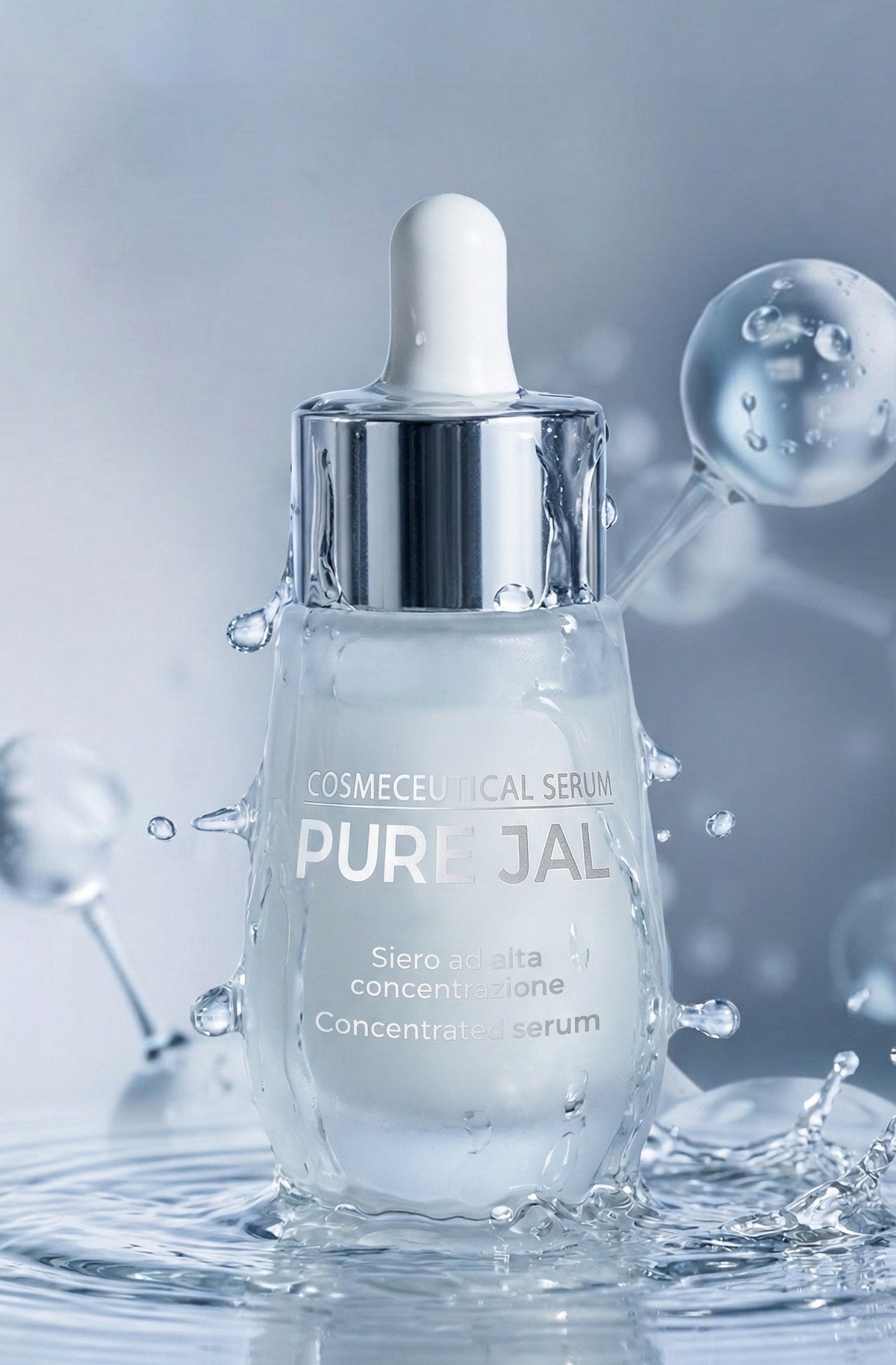 Il flacone originale di Pure Jal nell'acqua